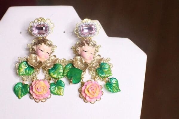 SOLD! 7202 Baroque Sleeping Cherubs Hand Painted Roses Earrings - Image 8