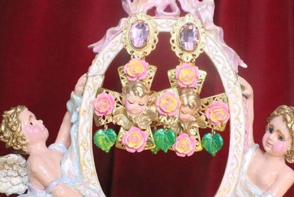 SOLD! 7203 Baroque Sleeping Cherubs Hand Painted Roses Cross Earrings