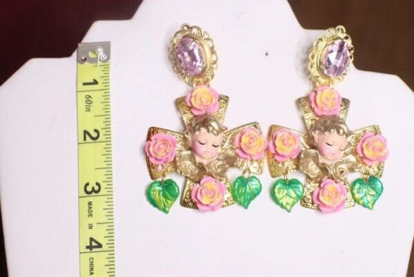 SOLD! 7203 Baroque Sleeping Cherubs Hand Painted Roses Cross Earrings - Image 7
