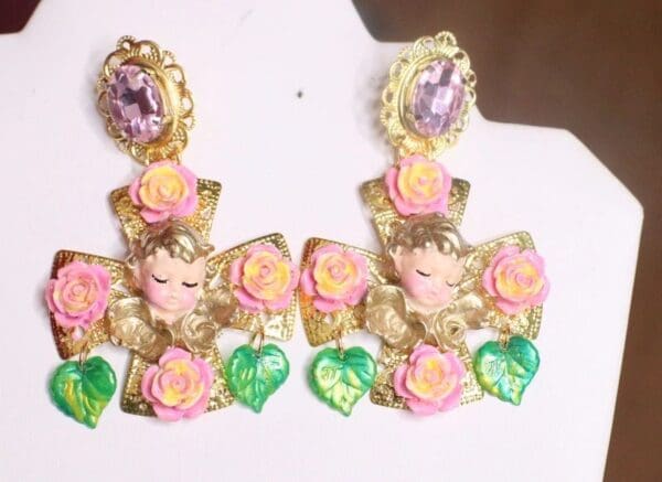 SOLD! 7203 Baroque Sleeping Cherubs Hand Painted Roses Cross Earrings - Image 8