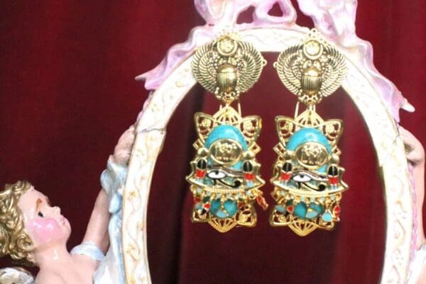 SOLD! 7204 Egyptian Revival Genuine Turquoise Pharaoh Evil Eye Earrings