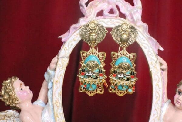 SOLD! 7204 Egyptian Revival Genuine Turquoise Pharaoh Evil Eye Earrings - Image 6