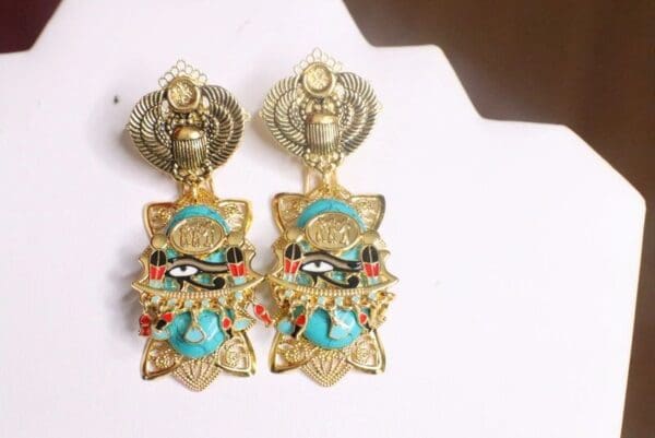 SOLD! 7204 Egyptian Revival Genuine Turquoise Pharaoh Evil Eye Earrings - Image 8
