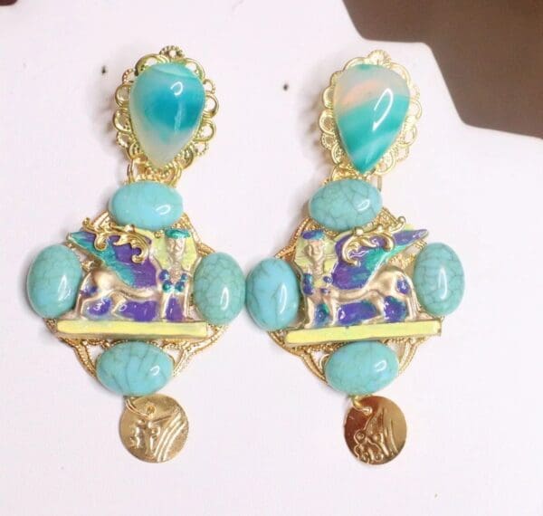 SOLD! 7205 Egyptian Revival Genuine Turquoise Pharaoh Evil Eye Earrings - Image 2