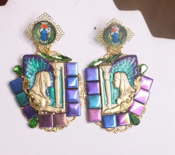 SOLD! 7206 Egyptian Revival Iridescent Pharaoh Evil Eye Earrings - Image 2