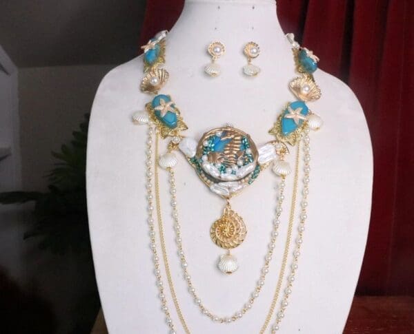 SOLD! 7210 Set Of Genuine Solar Quartz Biwa Pearl Seahorse Nautical Necklace+ Earrings - Image 2