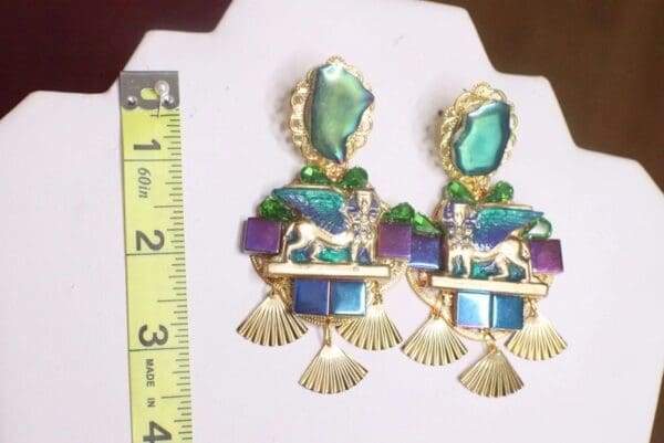 SOLD! 7213 Egyptian Revival Pharaoh Iridescent Dangle Earrings - Image 7