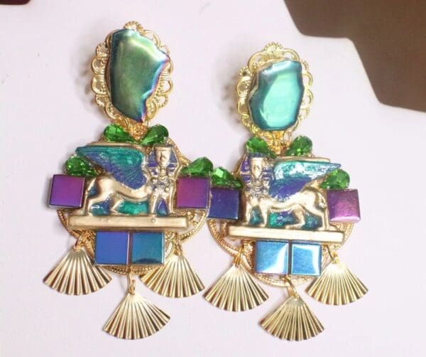 SOLD! 7213 Egyptian Revival Pharaoh Iridescent Dangle Earrings - Image 2
