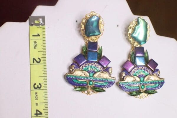 SOLD! 7214 Egyptian Revival Pharaoh Iridescent Tall Earrings - Image 7
