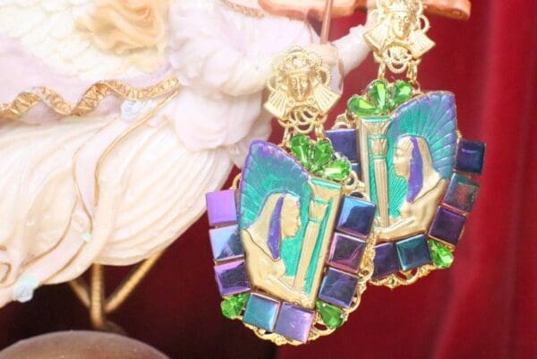 SOLD! 7215 Egyptian Revival Pharaoh Iridescent Massive Earrings - Image 3