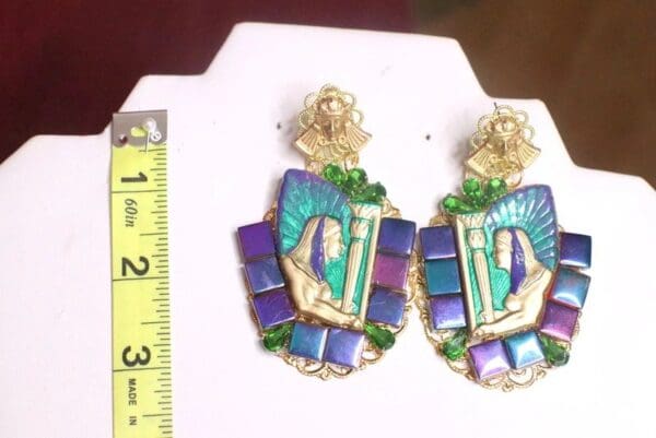 SOLD! 7215 Egyptian Revival Pharaoh Iridescent Massive Earrings - Image 6