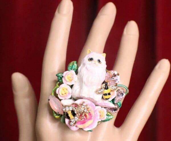 SOLD! 7218 Baroque Art Jewelry Kitty Cat Cocktail Adjustable Ring - Image 3