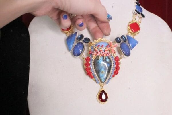 SOLD! 7220 Genuine Opal Coral Labradorite Gemstones Hand Painted Mask Unique Necklace