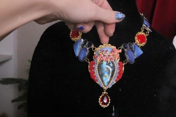 SOLD! 7220 Genuine Opal Coral Labradorite Gemstones Hand Painted Mask Unique Necklace - Image 4