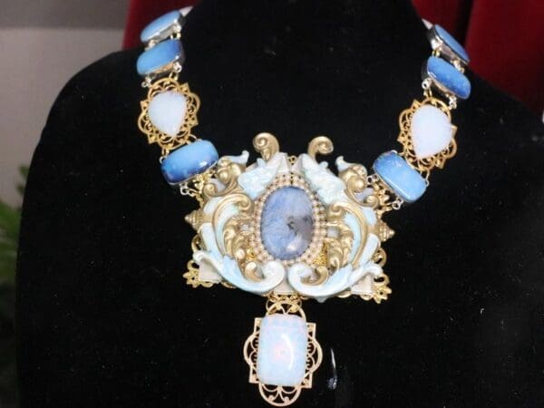 SOLD!7221 Medieval Dragons Genuine Opal Merine Blue Dendritic Gemstones Hand Painted Mask Unique Necklace