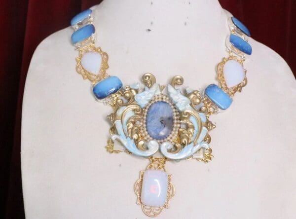 SOLD!7221 Medieval Dragons Genuine Opal Merine Blue Dendritic Gemstones Hand Painted Mask Unique Necklace - Image 3