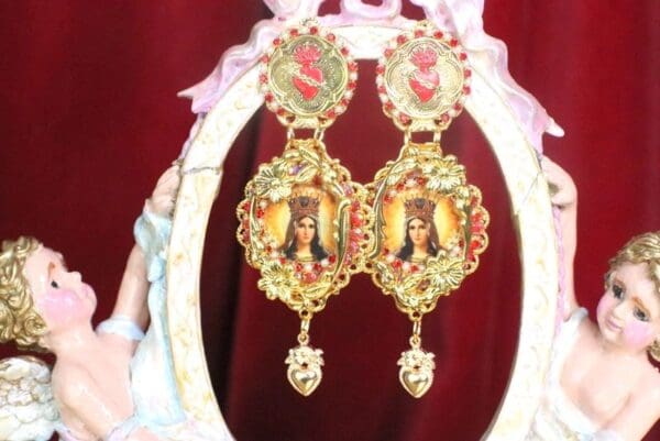 SOLD! 7254 Virgin Mary Madonna Sacred Heart Colorful Earrings - Image 2