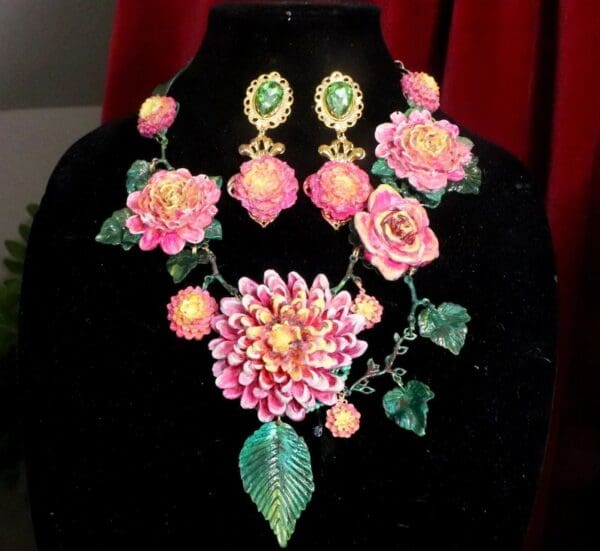 SOLD! 7259 Set Of Baroque Art Nouveau Vivid Asters Flowers Hand Painted Necklace + Earrings - Image 2
