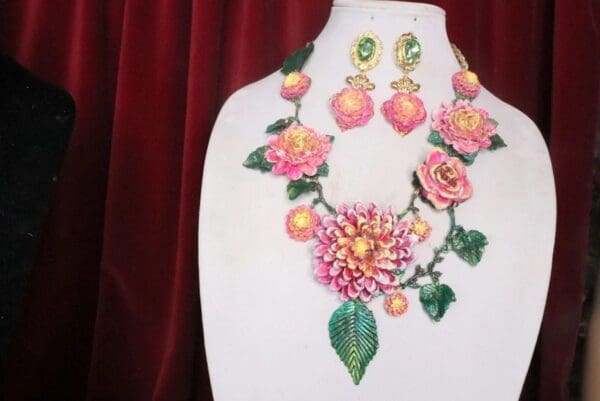 SOLD! 7259 Set Of Baroque Art Nouveau Vivid Asters Flowers Hand Painted Necklace + Earrings - Image 5