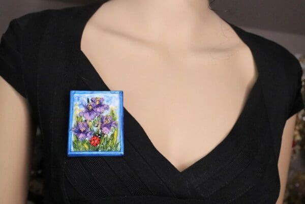 SOLD! 7264 Art Nouveau Hand Painted 3D Effect Iris Flower Ladybug Brooch - Image 2