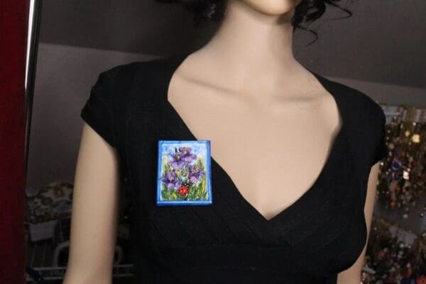 SOLD! 7264 Art Nouveau Hand Painted 3D Effect Iris Flower Ladybug Brooch - Image 3