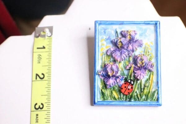SOLD! 7264 Art Nouveau Hand Painted 3D Effect Iris Flower Ladybug Brooch - Image 7