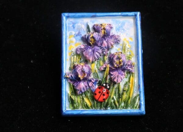 SOLD! 7264 Art Nouveau Hand Painted 3D Effect Iris Flower Ladybug Brooch