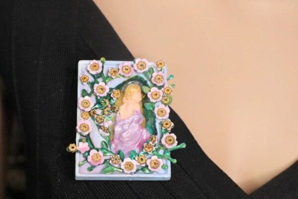 SOLD! 7265 Art Nouveau Hand Painted 3D Effect Carved Lady Flower Blossom Brooch - Image 2