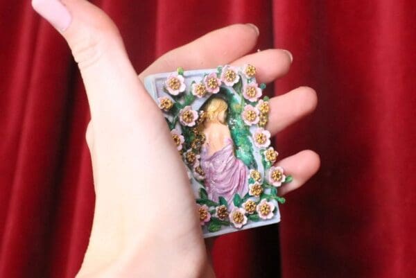 SOLD! 7265 Art Nouveau Hand Painted 3D Effect Carved Lady Flower Blossom Brooch - Image 7
