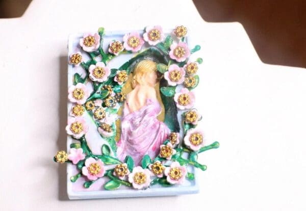 SOLD! 7265 Art Nouveau Hand Painted 3D Effect Carved Lady Flower Blossom Brooch - Image 9