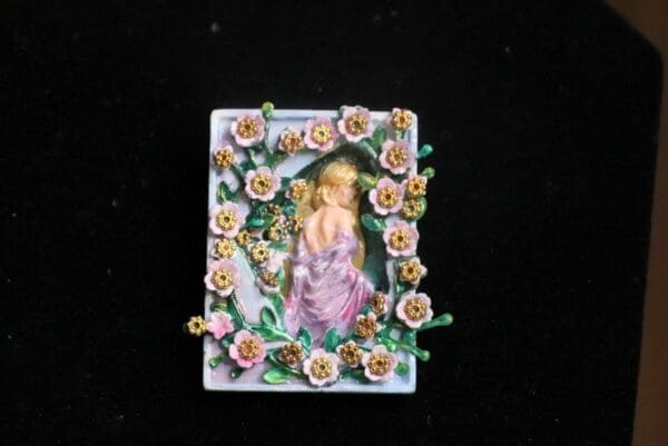 SOLD! 7265 Art Nouveau Hand Painted 3D Effect Carved Lady Flower Blossom Brooch - Image 3