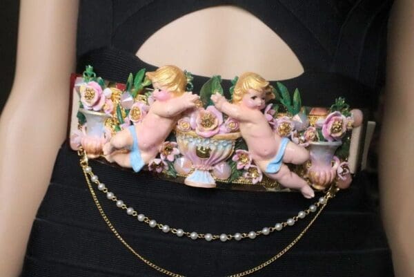 SOLD! 7266 La Moda Baroque Runway Chubby Cherubs Angels Embellished Waist Gold Belt Size S, L, M - Image 9