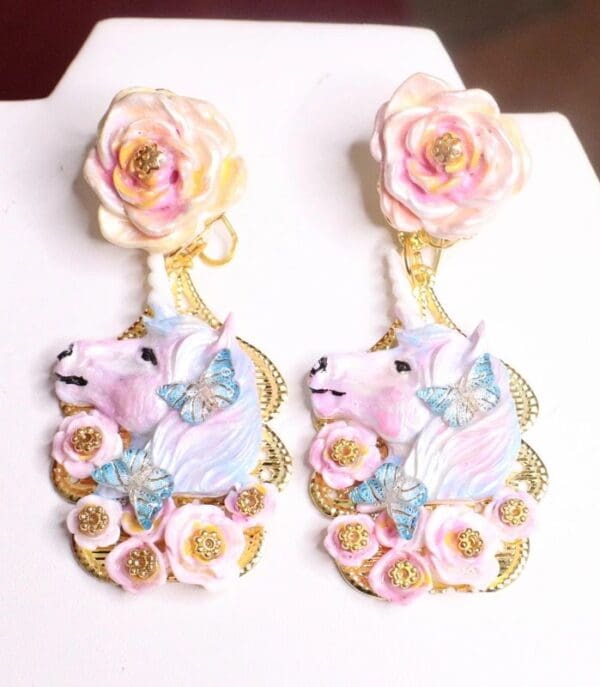 SOLD! 7296 Baroque Colorful Unicorns Roses Rainbow Massive Studs Earrings - Image 9
