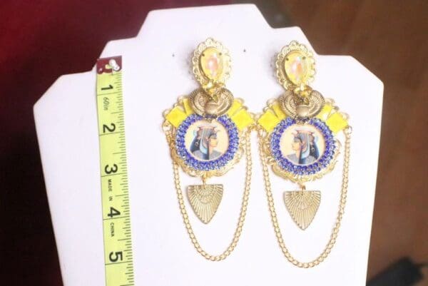 SOLD! 7298 Egyptian RevivalYellow Rhinestone Cameo Earrings - Image 9
