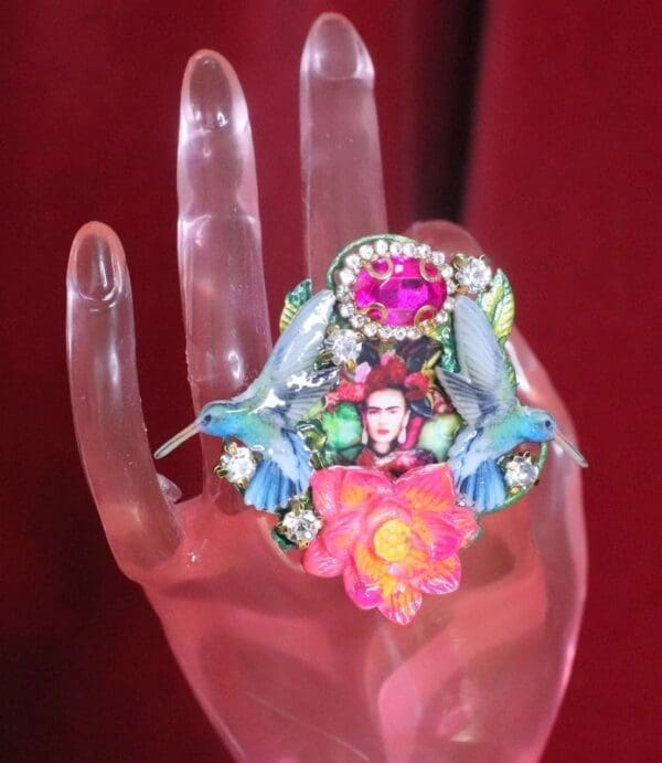 SOLD! 7302 Frida Kahlo HummingbirdsCocktail Adjustable Ring - Image 4