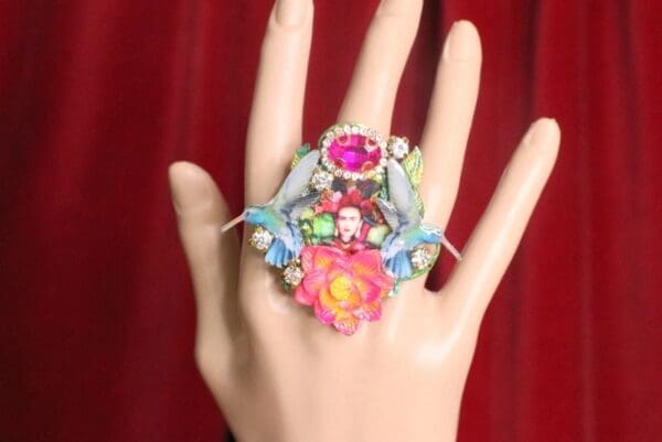 SOLD! 7302 Frida Kahlo HummingbirdsCocktail Adjustable Ring - Image 7