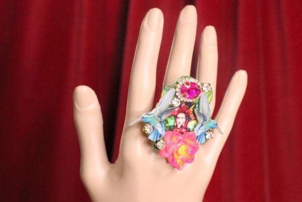 SOLD! 7302 Frida Kahlo HummingbirdsCocktail Adjustable Ring - Image 8