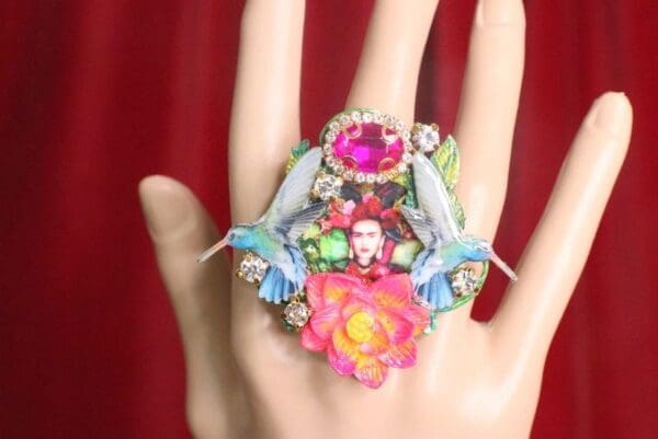 SOLD! 7302 Frida Kahlo HummingbirdsCocktail Adjustable Ring - Image 9