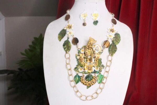 SOLD! 7303 Set Of Art Jewelry 3D Effect Cheetah Family Genuine Tiger Eye Gemstones Flowers Hand Painted Necklace - Image 4