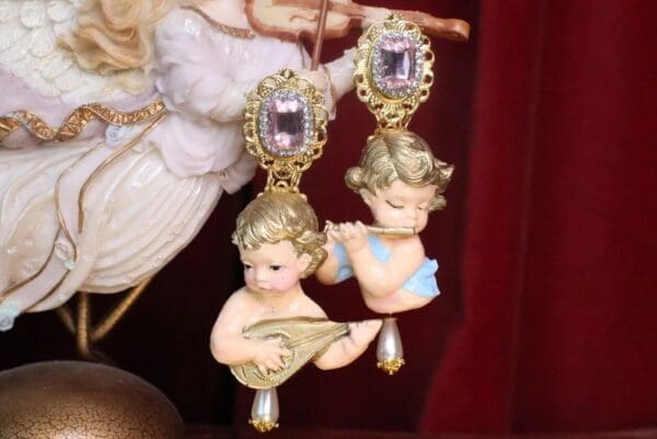 SOLD! 7308 Baroque Musical Cherubs Angels Pink rhinestone Earrings - Image 5