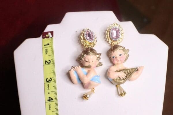 SOLD! 7308 Baroque Musical Cherubs Angels Pink rhinestone Earrings - Image 7