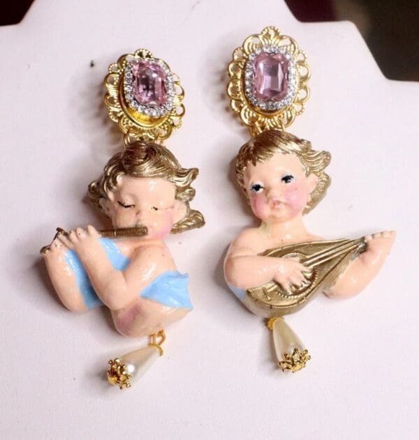 SOLD! 7308 Baroque Musical Cherubs Angels Pink rhinestone Earrings - Image 8