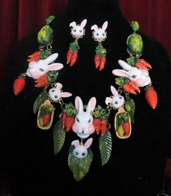 SOLD! 7309 Set Of Carrots Massive Flowers Enamel Bunny Necklace+ Earrings - Image 3