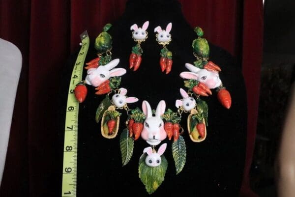 SOLD! 7309 Set Of Carrots Massive Flowers Enamel Bunny Necklace+ Earrings - Image 4