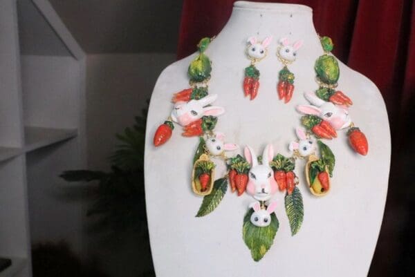 SOLD! 7309 Set Of Carrots Massive Flowers Enamel Bunny Necklace+ Earrings - Image 2