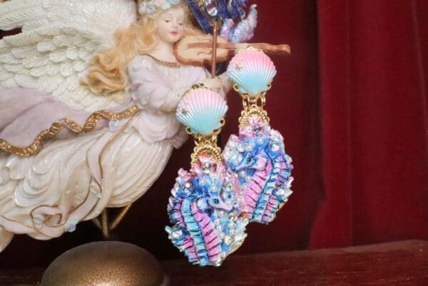 SOLD! 7311 Marine Nautical Seahorse Coral Reef Hand Painted Earrings - Image 6