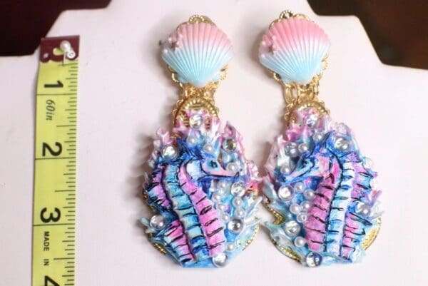 SOLD! 7311 Marine Nautical Seahorse Coral Reef Hand Painted Earrings - Image 8