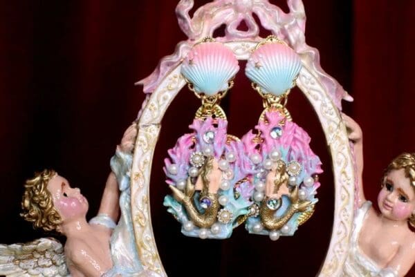 SOLD! 7312 Marine Nautical Faced Mermaids Coral Reef Hand Painted Earrings - Image 5