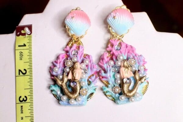 SOLD! 7312 Marine Nautical Faced Mermaids Coral Reef Hand Painted Earrings - Image 6