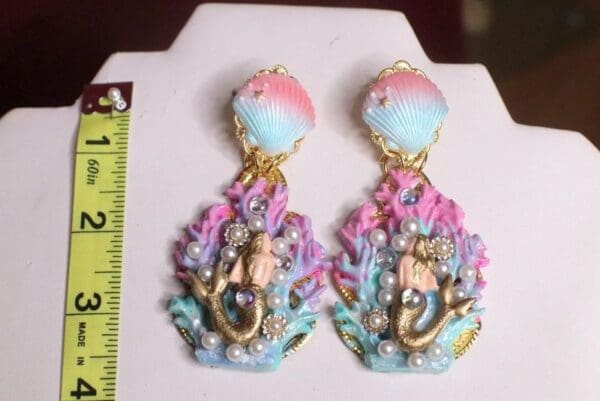 SOLD! 7312 Marine Nautical Faced Mermaids Coral Reef Hand Painted Earrings - Image 7